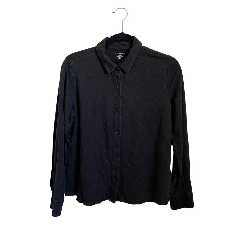 Eileen Fisher Black 100% Organic Linen Button Down Shirt Small‎ S Long Sleeve